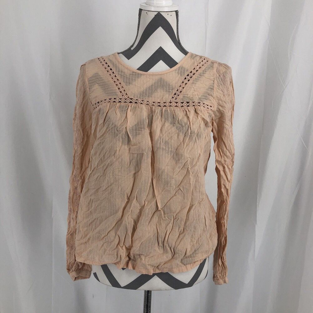 Loft Womens Size Small Peach Embroidered Long Sleeve Boho Blouse